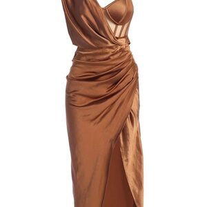 Brown Asymmetrical One Shoulder Cocktail Gown